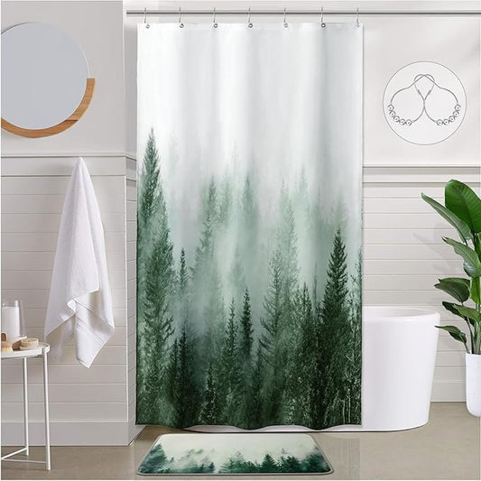 ORTIGIA Misty Forest Stall Shower Curtain for Small Bathroom, Green Half Size Narrow Nature Woodland Shower Curtain Set with Hooks, Waterproof Fabric Pine Tree Fog Magic Home Bath Curtain 36x72 inch