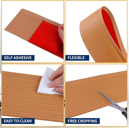Flexible Baseboard Molding Trim 4 Inch Self-Adhesive Vinyl Wall Base Peel and Stick Cove Base Rubber Wall Baseboard Moulding Trim (60Ft, Yellow Oak)