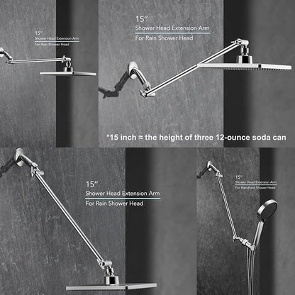 15 Inch Extra Long Adjustable Shower Head Extension Arm With Locking Set Screw, Singing Rain Brass Chrome Angle Height Adjustable, Easy To Install, G1/2 Universal Connector Compatible (Chrome Finish)