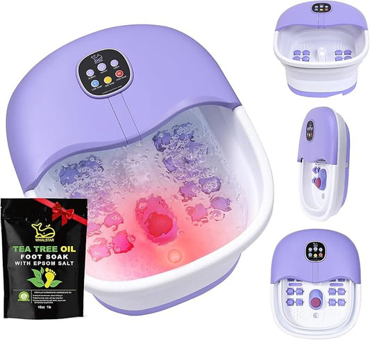 Collapsible Foot Spa Bath Massager with Heat Bubbles and Vibration Massage and Jets, 16OZ Tea Tree Oil Foot Soak Epsom Salt, WHALSTAR Foot Bath Bucket With Red Light & Remote