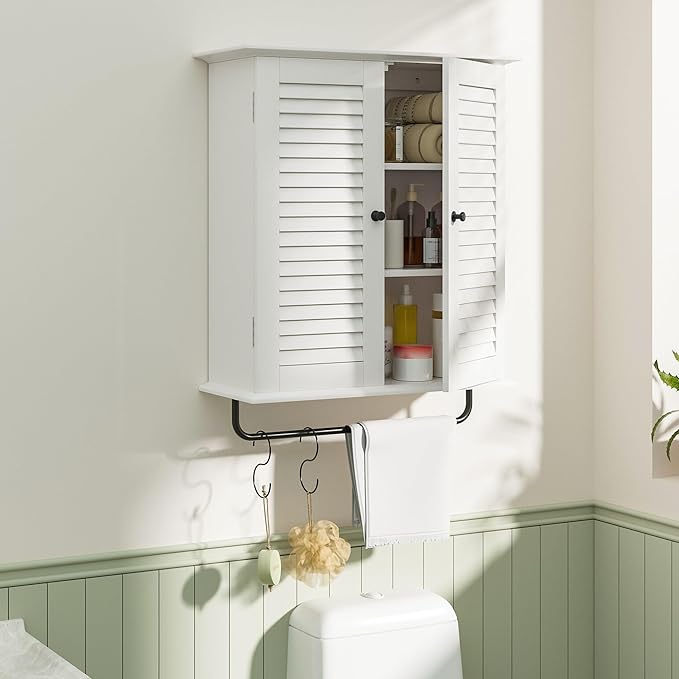 White Wall Mounted Cabinet, Over the Toilet Storage Cabinet, Wooden Wall Cabinet with 2 Doors & Hooks, White Wall Cabinet, Medicine Cabinet Organizer, Storage Cabinets Over Toilet Livingroom Kichen