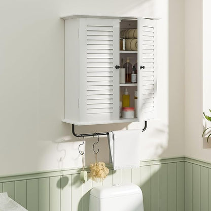 White Wall Mounted Cabinet, Over the Toilet Storage Cabinet, Wooden Wall Cabinet with 2 Doors & Hooks, White Wall Cabinet, Medicine Cabinet Organizer, Storage Cabinets Over Toilet Livingroom Kichen