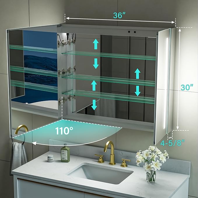 WELLFOR 36" X 30" LED Medicine Cabinet with Mirror, Double Opening Door, Recessed or Surface Cabinet Mirror, Bathroom Mirror Cabinet, Medicine Cabinet with Lights with Outlets & USB Ports