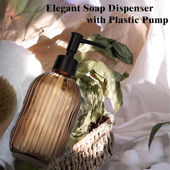 Glass Soap Dispenser with Plastic Pump, Hand Soap Dispenser for Hand Wash, Lotion Dispenser for Dishwashing Liquid, Lotion Shower Gel (Striped Brown)