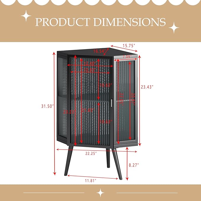 Corner Storage Cabinet with Glass Door, 31" & 43" Freestanding Triangle Floor Cabinet Modern Display Organizer Medicine Cabinets for Bathroom Living Room Bedroom (Black, 31')