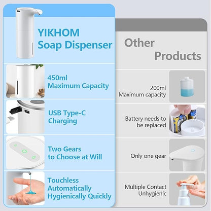 YIKHOM Automatic Liquid Soap Dispenser, 15.37 oz/450mL Soap Dispenser, Touchless Hand Sanitizer Dispenser Electric, Motion Sensor Waterproof Pump for Bathroom Kitchen Dish Soap, USB C Rechargeable