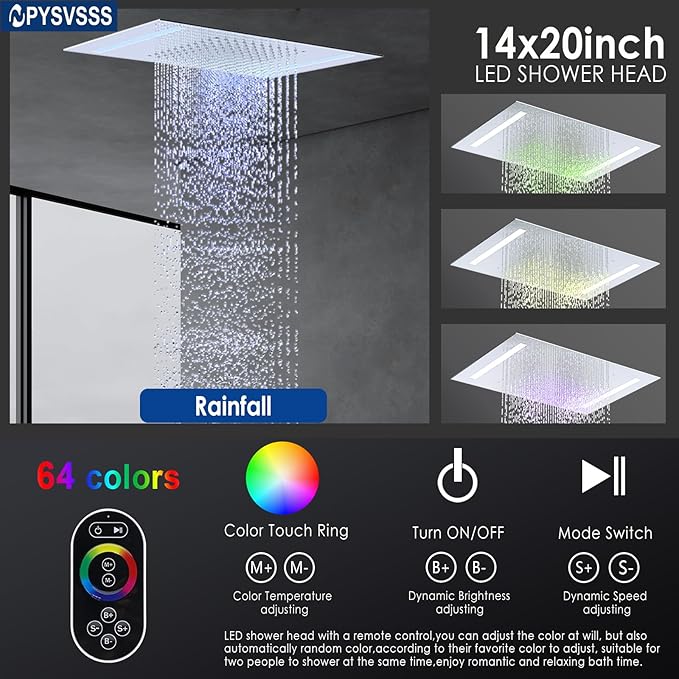 Thermostatic Shower System with 14x20 Inch Ceiling Mount LED Head & 6 Inch Wall Head and Handheld Shower 4 Function Vale with body jets Can All Run Together,Polished Chrome