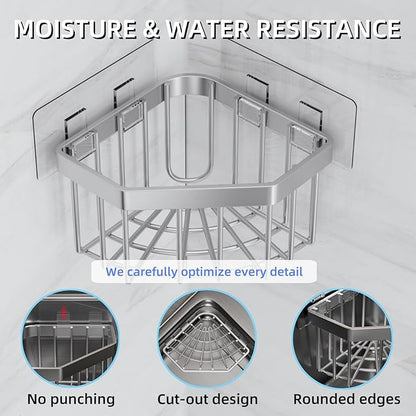 Wall Mounted Sink Caddy Organizer, Carbon Steel Kitchen Sponge Holder with 2 Adhesive Hooks, Triangular Drain Rack, 5.27x5.27x3.54 Inch (Grey)