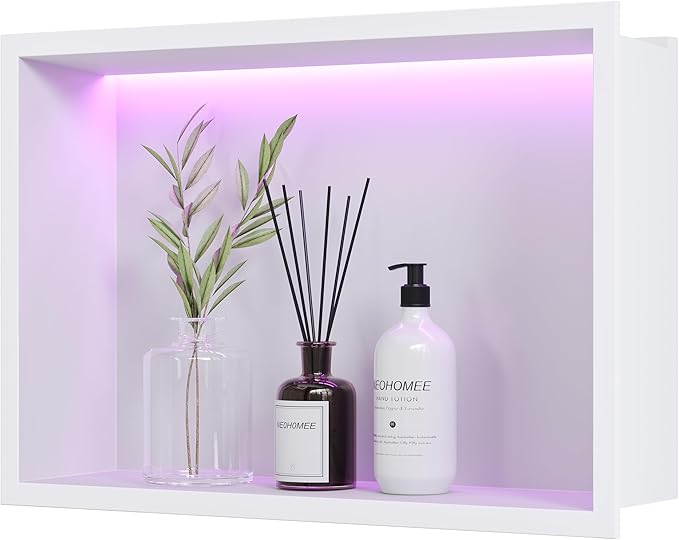 White Stainless Steel Shower Niche 18x12Inch, Dimmable RGB Led Light Wall Niche, No Tile Needed Recessed for Bathroom Storage Built-in Installation