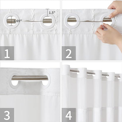 No Hook Extra Long Shower Curtain Set with Snap-in Liner,Linen Textured Thick Striped Fabric with Tassels,Boho Chic Modern Farmhouse Bathroom Curtain,Water-Repellent,White,71x86