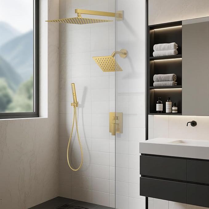Shower Faucet Set, Wall Mounted Rainfall Shower System 12"+ 6" Dual Shower Head Sets with 2 in 1 Handheld Spray with Rough-in Valve and Shower Trim Kit, Brushed Gold