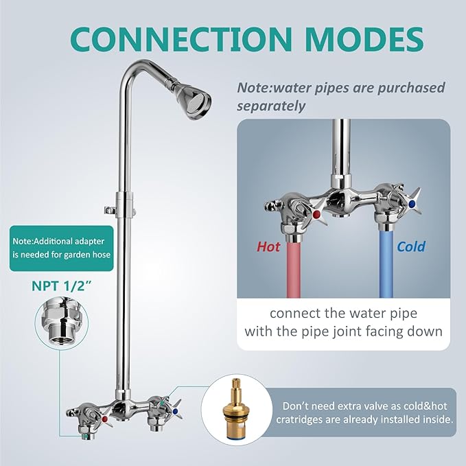 Aolemi Outdoor Shower Kit Fixtures Faucet System Double Handle Exposed Shower with Brass Mix Valve and Height-Adjustable Shower Pipe 6 Inch Center with Showerhead Polish Chrome