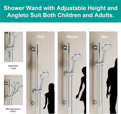 Shower Slide Bar Handheld Shower Head with Hose, 5-Function Hand Shower with Wall Mount，shower slide bar,adjustable height shower head (A-round, Chrome)