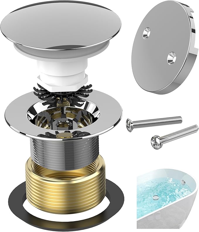 Chrome Plated Tub Drain Kit with Hair Catcher, Premium Brass Mushroom Tip-Toe Bathroom Tub Drain Replacement and 2-Hole Overflow Faceplate, 11.5/16 UNC Bathtub Drain Stopper Assembly