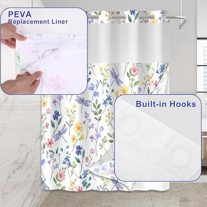 No Hook Shower Curtain Set with Snap in Fabric Liner for Bathroom,with See Through Top Window,Double Shower Curtain with Detachable Liner Replacement,Machine Washable,Flowers,71"x 74"