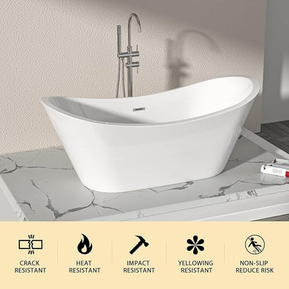 Logmey 67" Freestanding Bathtub White Acrylic Oval Shape Soaking Tub with Chrome Drain & Overflow Assembly for Classic Modern Bathrooms