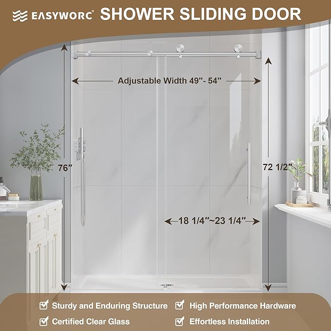 Frameless Glass Shower Door, 49-54" W x 76" H Sliding Frameless Shower Door, 1/4''(6mm) SGCC Tempered Glass, Explosion-Proof Film Nano Coating, Stainless Steel Hardware, Brushed Nickel