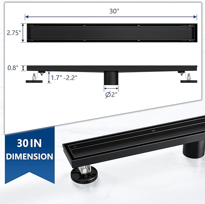 Neodrain 30-Inch Linear Shower Drain with Tile Insert Grate,Matte Black 304 Stainless Steel Rectangle Shower Floor Drain, Linear Drain with Leveling Feet, Hair Strainer