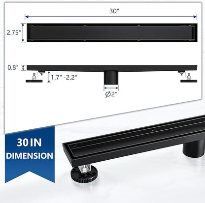 Neodrain 30-Inch Linear Shower Drain with Tile Insert Grate,Matte Black 304 Stainless Steel Rectangle Shower Floor Drain, Linear Drain with Leveling Feet, Hair Strainer