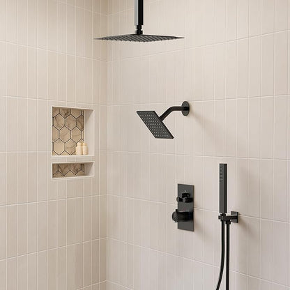 Ceiling Mount 12" High-Pressure Rainfall Shower Faucet, Dual Rainfall Shower Head System with Valve (Matte Black)