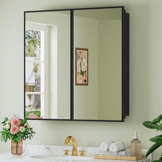 Buruis 30" x 30" Framed Medicine Cabinet with Mirror, Recessed or Wall Mounted Bathroom Cabinet, Adjustable Tempered Glass Shelves, Left/Right Open Reversible, No Assembly Required, Black