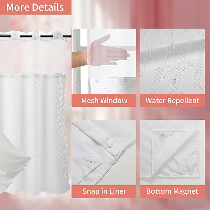 Hookless Shower Curtain with Snap in Liner 71" x 86" Double-Layer Waterproof Polyester Shower Curtain for Bathroom or Hotel Use,Removable Liner,Magnetic Hem,Large Rings,Machine Washable,White