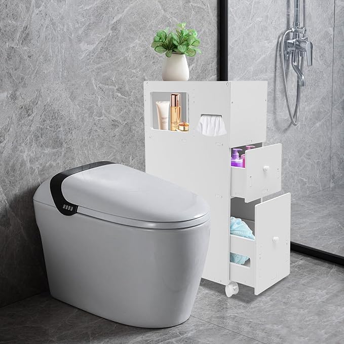 Slim Bathroom Storage Cabinet 4 Layers White Toilet Paper Storage with 4 Wheels Small Narrow Bathroom Storage Cabinet for Storing Tissues, Shampoos, Creams