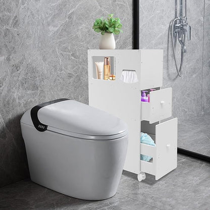 Slim Bathroom Storage Cabinet 4 Layers White Toilet Paper Storage with 4 Wheels Small Narrow Bathroom Storage Cabinet for Storing Tissues, Shampoos, Creams