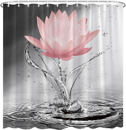Lotus Shower Curtain Black White Grey Red Flower Elegant Blooming Floral with Dew Spring Flower Reflection on Water Modern Romantic Polyester Fabric Bathroom Decor 86×70 Inch with Hook