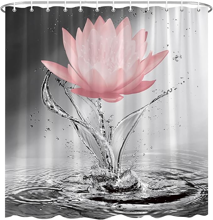 Lotus Shower Curtain Black White Grey Red Flower Elegant Blooming Floral with Dew Spring Flower Reflection on Water Modern Romantic Polyester Fabric Bathroom Decor 70×90 Inch with Hook