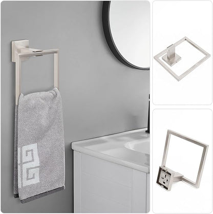 NearMoon 5 Pieces Bathroom Hardware Set 304 Stainless Steel - Square Towel Rack Set Include 16" Towel Rod + Towel Ring + Toilet Paper Holder + 2 Robe Towel Hooks Bathroom Accessories (Brushed Nickel)
