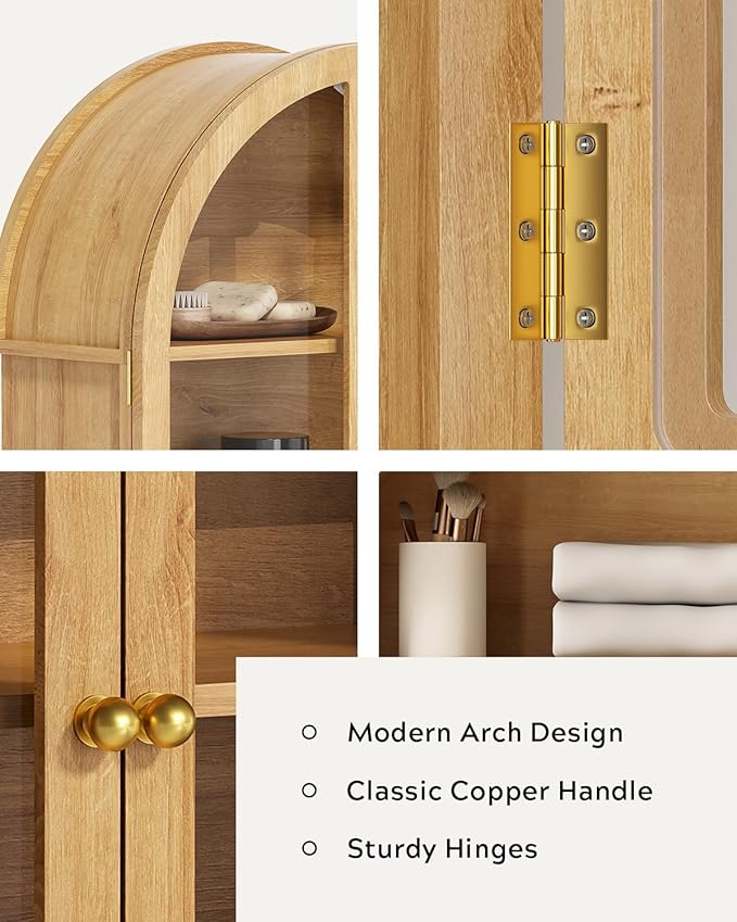 Small Arched Bathroom Wall Cabinet Modern Wooden Medicine Cabinet with Acrylic Doors Farmhouse Wall Mounted Cupboard Storage Organizer for Laundry Room, Dining Room, Natural Oak