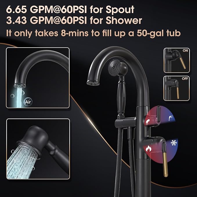 Freestanding Bathtub Faucet Black & Rose Gold Tub Filler High Flow 6.65GPM@60PSI Floor Mount Tub Faucets with Vintage Hand Shower