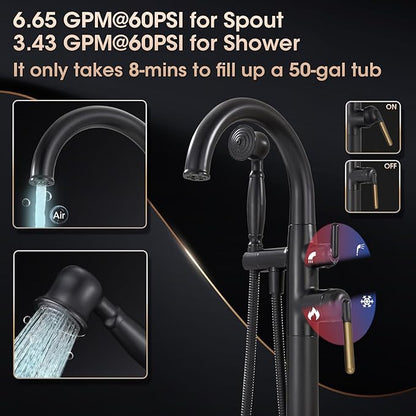 Freestanding Bathtub Faucet Black & Rose Gold Tub Filler High Flow 6.65GPM@60PSI Floor Mount Tub Faucets with Vintage Hand Shower