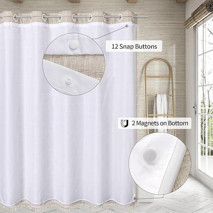 MitoVilla No Hooks Needed Boho Farmhouse Shower Curtain with Snap-in Liner, Cotton Linen Fabric Shower Curtains with Tassels for Rustic Neutral Bathroom Decor, Tan/Taupe, 72 x 74