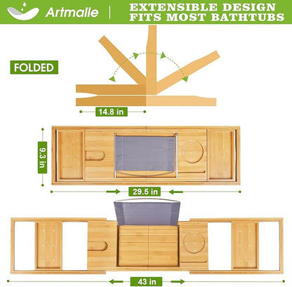Artmalle Bathtub Caddy Tray for Tub,Foldable Bamboo Bath Table Tray with Book and Wine Glass Holder, Free Soap Dish Suitable for Luxury Spa or Reading,Natural