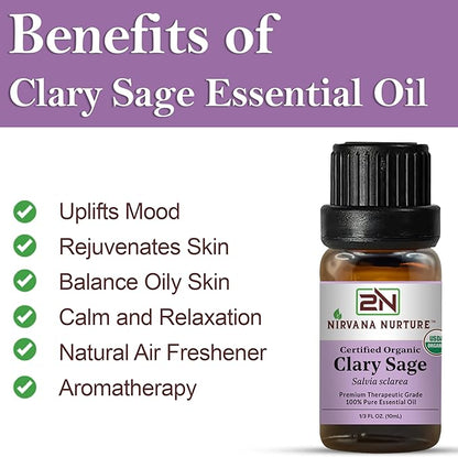 Clary Sage Essential Oil USDA Certified Organic, 100% Pure Natural Premium Grade, Undiluted
