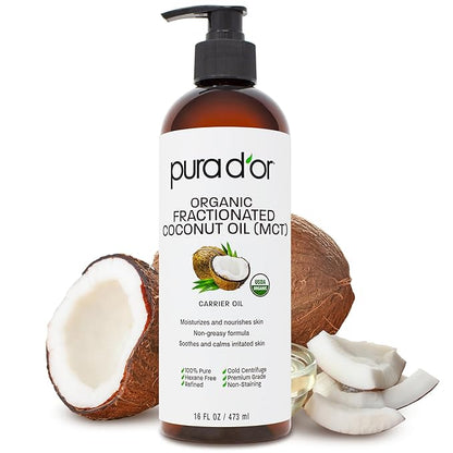 PURA D'OR 16 Oz ORGANIC Fractionated Coconut Oil – USDA Certified – MCT Oil – Therapeutic, Hydrating, Lightweight Moisturizer – Hexane Free Carrier Oil For Essential Oils & Massage – Face, Hair & Body