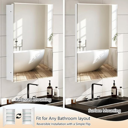Bathroom Medicine Cabinet with 20"x26" Frameless Beveled Mirror,Recessed or Surface Mount, Space-Saving Storage for Toiletries,White Finish,Easy Installation