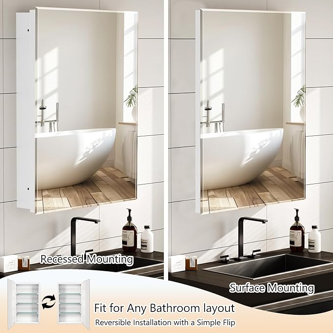 Bathroom Medicine Cabinet with 24x36 in Rectangular Beveled Frameless Mirror,Wall Mounted Mirror Cabinet for Bathroom Toilet Kitchen,Recess or Surface Mount