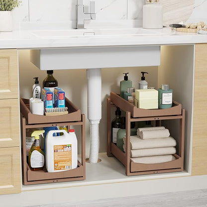 Bamboo Under Sink Organizer Adjustable Height 2 Tier Bathroom Organizer Pull Out Cabinet Storage Kitchen Heave Duty Wood Slide Ou Shelf for Kitchen Bathroom (Brown, 2 Packs)