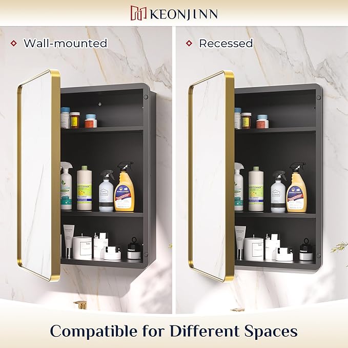 Keonjinn Gold Bathroom Medicine Cabinet with Mirror 16 x 24 Inch, Small Brushed Brass Medicine Cabinet, Stainless Steel Framed, Adjustable Shelves, Rounded Rectangular, Recessed or Surface Mount