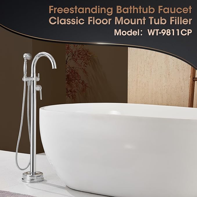 Free Standing Bathtub Faucet Brass Bathtub Faucets High Flow Soaker Tub Faucet with Vintage Handheld Sprayer Polished Chrome