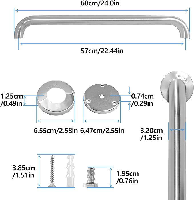 Shower Grab Bar, 2 Pack 24 Inch Brushed Nickel Bathroom Safety Bar, 1.25" Diameter 304 Stainless Steel Grab Bars for Bathtubs and Showers, Handicap Shower Grab Bar for Seniors Elderly