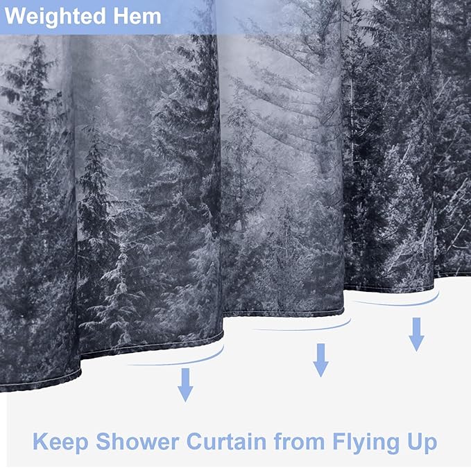 ORTIGIA Grey Shower Curtain for Bathroom, Misty Forest Shower Curtain Set with Rustproof Hooks, Decorative Pine Tree Fog Magic Bath Curtain for Home, Waterproof Fabric, Weighted, 72x72