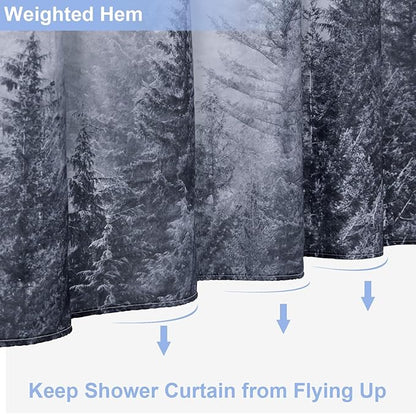 ORTIGIA Grey Shower Curtain for Bathroom, Misty Forest Shower Curtain Set with Rustproof Hooks, Decorative Pine Tree Fog Magic Bath Curtain for Home, Waterproof Fabric, Weighted, 72x72