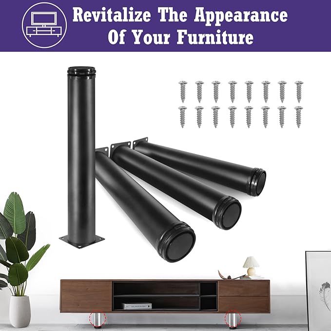 14 Inch Metal Furniture Legs Stainless Steel Adjustable Legs Black Metal Legs Round Cabinet Legs for Coffee Table Cabinet Desk Sofa Shelves, Pack of 4