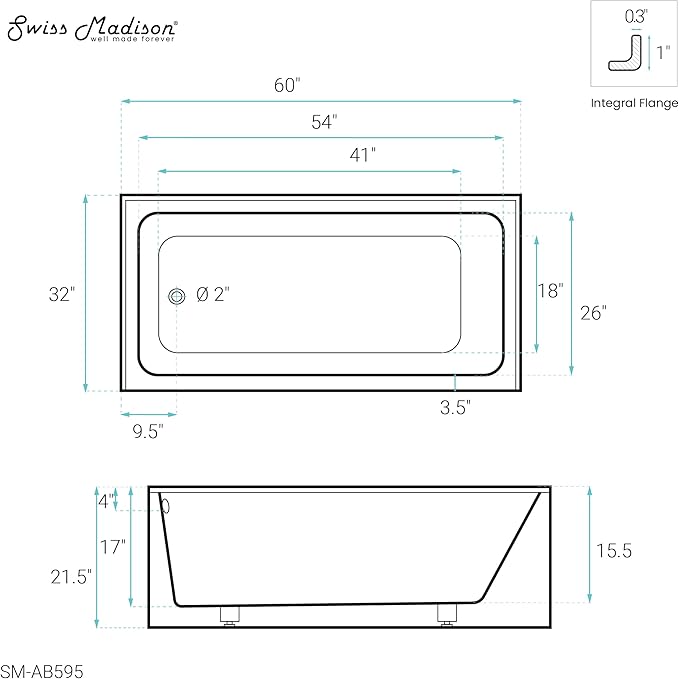 Voltaire 60" X 32" Left-Hand Drain Alcove Bathtub with Apron