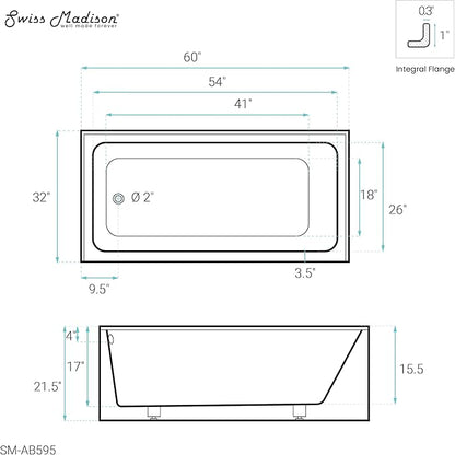 Voltaire 60" X 32" Left-Hand Drain Alcove Bathtub with Apron