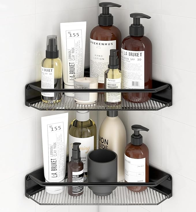Corner Shower Caddy, 2 Pack Adhesive Bathroom Shelves，Acrylic Shower Shelf Rack, No Drilling Bathroom Organizers and Storage Racks,Black